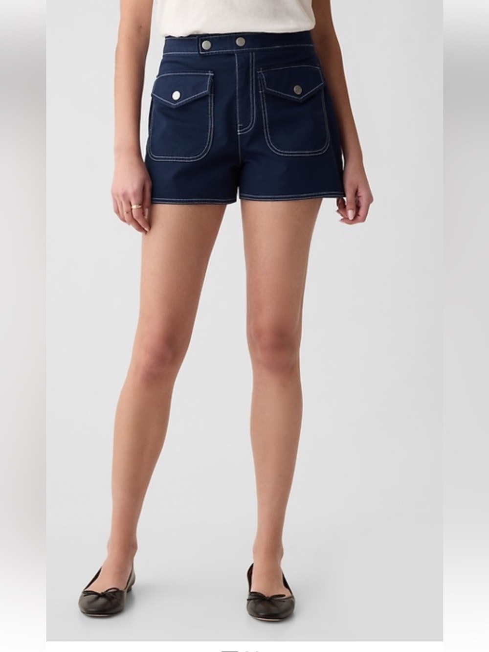 Navy Contrast-Stitch High-Rise Women’s Shorts Gap 2 Petite Patch Pocket Retro